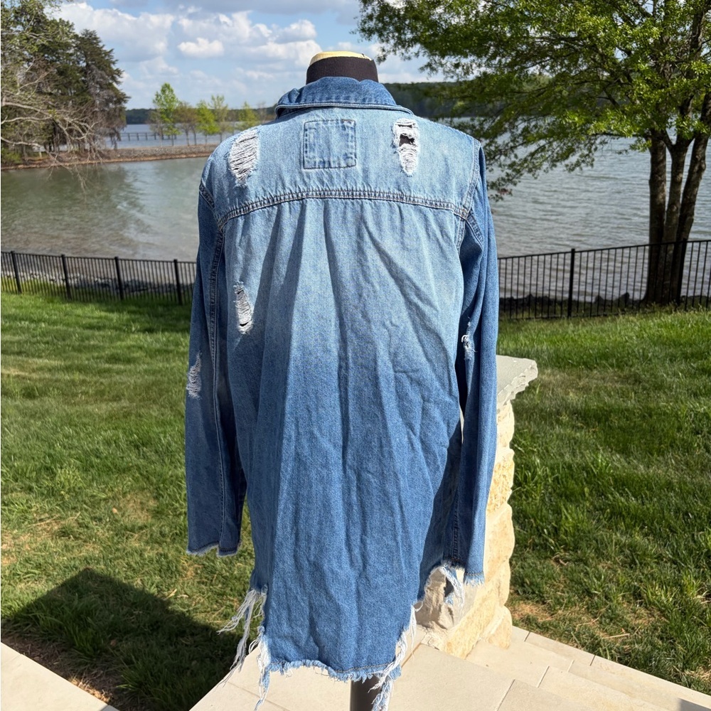 Distressed Denim Shirt Dress Raw Hem Button Front Boho Festival XL - Picture 2 of 4